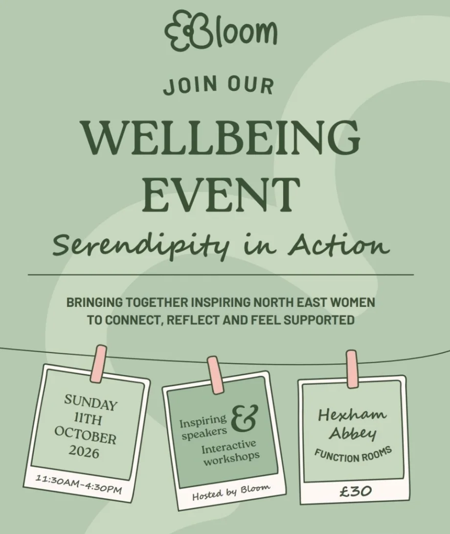 Bloom Women's Wellbeing Event poster with the date, venue and event details